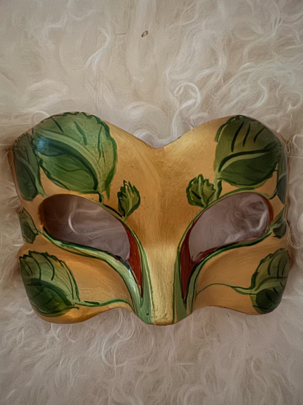 Colombina-style Venetian masquerade mask decorated wi/ hand-painted green leaves